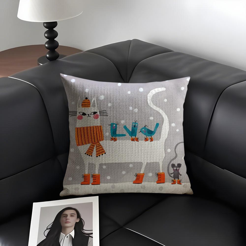 Cat Cute Cushion Cover Natural Linen Organic Fabric DoubleSided Printing Sofa Home Decor Gift Pillow Case
