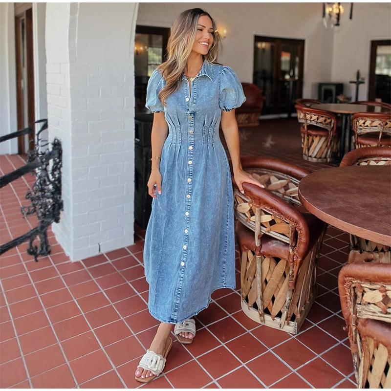 2025 Spring and Summer Puff Sleeve Short-sleeved Distressed Casual Style Shirt Denim Long Dress Single-breasted Waist Denim Long Skirt Retro