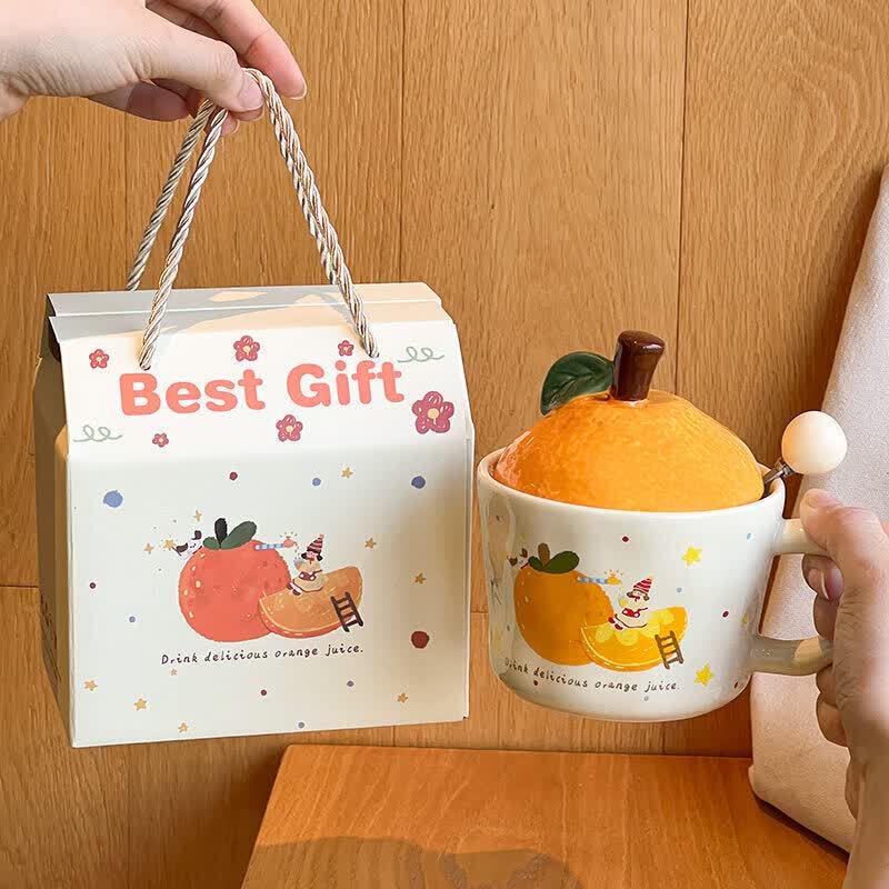 Cute Orange Ceramic Mug with Lid and Spoon