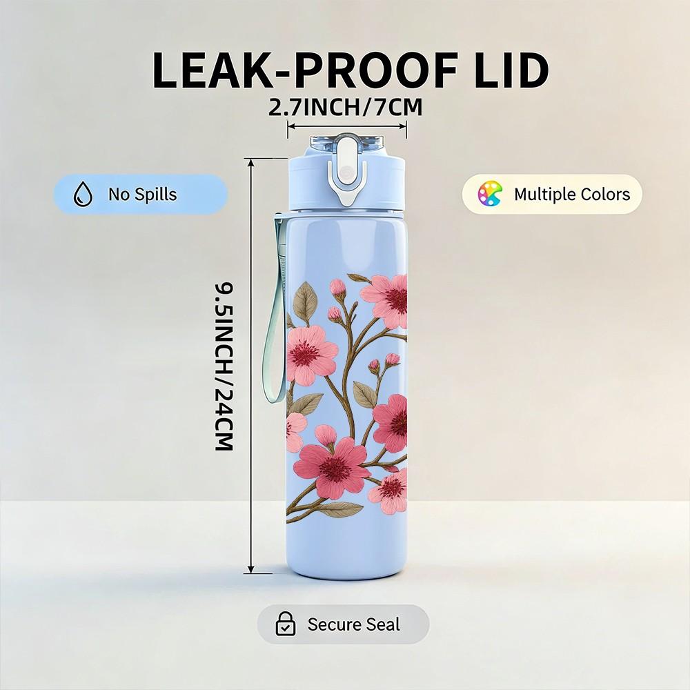 1PC Pink Plum Blossom Floral Branch 750ml Color Plastic Sports Water Bottle Leakproof Flip Straw Lid For Sports Office Home Use