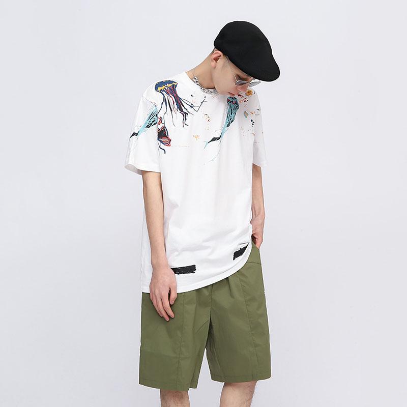 Футболка IELGY, свободная повседневная универсальная рубашка с круглым вырезом и принтом граффити, с короткими рукавами, всплеск чернил, японский язык S белый