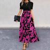 Robe d'été Col rond Manches courtes Taille haute Robe longue Épissure Imprimé feuille Ourlet fluide Robe maxi Vêtement quotidien