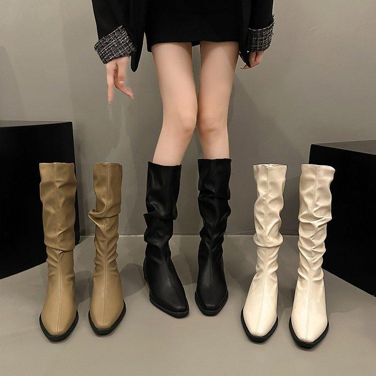 [youshilai] Knight Boots Women's 2025 Autumn and Winter Western Boots Tall Retro Thin Pleated Piled Boots