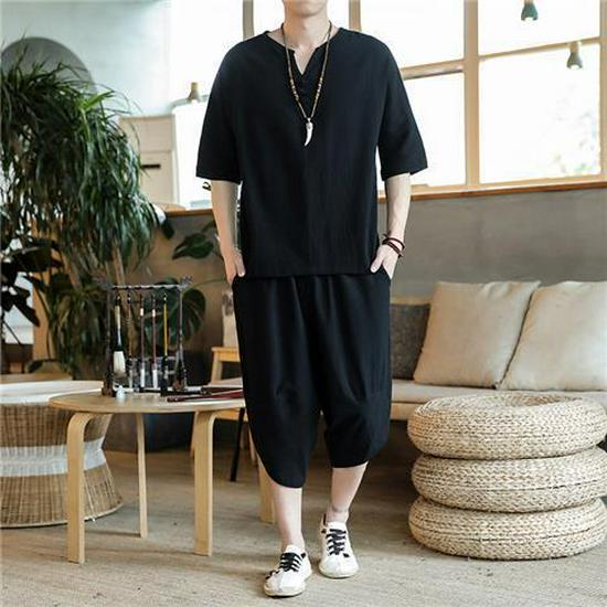 Herren Japanischer Retro Baumwoll-Leinen Zweiteiler: Kurzarmhemd & Cropped-Hose