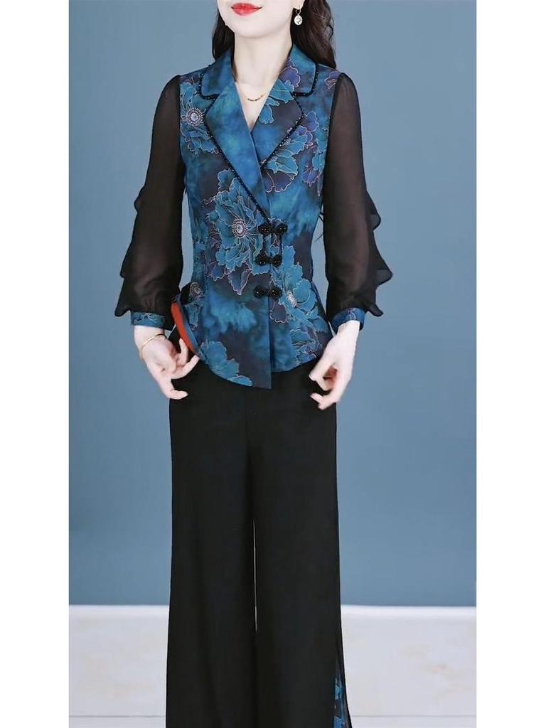 2025 Spring Women's Chinese National Style Two-Piece: Slimming Top & Wide-Leg Pants