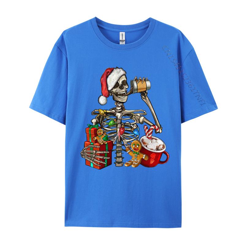 Christmas Skeleton With Smiling Skull Drinking Coffee Latte T Shirts Graphic Tshirt Hip Hop T Shirt Homme Cotton Oversized