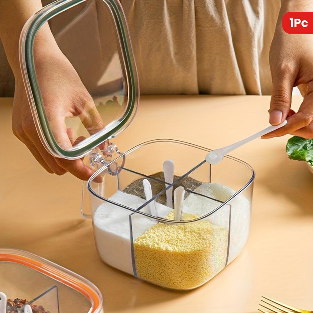1pc Four-Compartment Integrated Spice Storage Box with Lid - Transparent Plastic Kitchen Organizer for Salt, Pepper, Sugar & Herbs