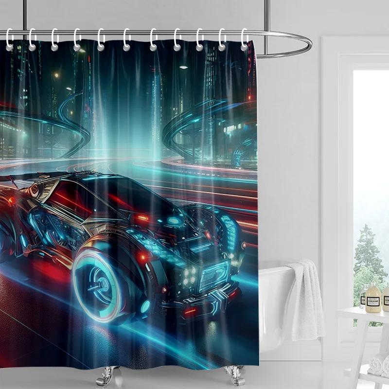 

Car Pattern Shower Curtain Waterproof Bathroom Partition Curtain Bathroom Shower Curtain Hooks W60H190(CM)-1 Pcs