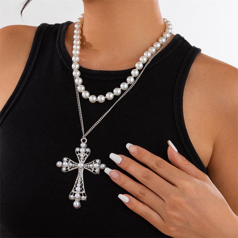 1/2 Stücke Perlenkreuz Halskette Großes Kreuz Anhänger Halsketten Für Frauen Klobige Perlenkette Gothic Punk Vintage Kreuz Halskette