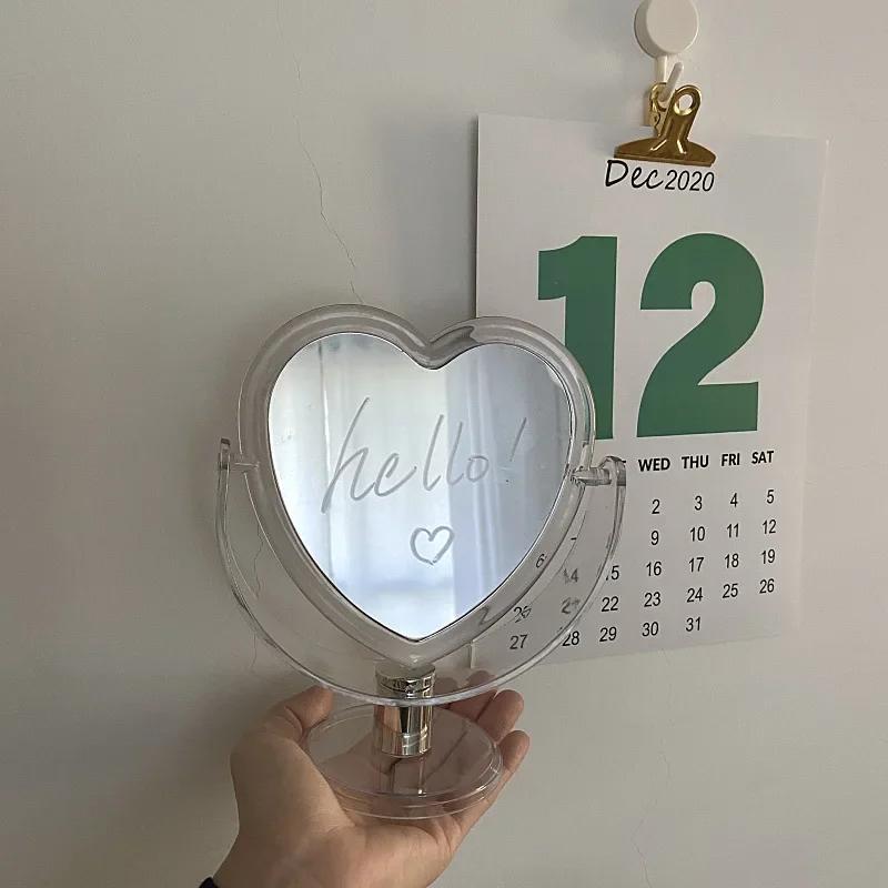 Nouă oglindă de machiaj din acril cu două fețe Oglindă cosmetică în formă de inimă Oglindă de machiaj de birou pentru dormitor, bază transparentă