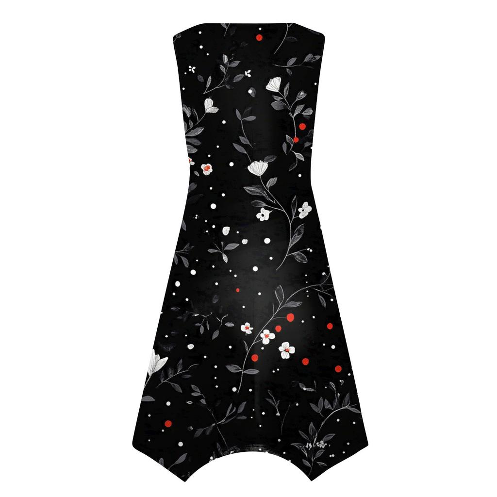 Women's Casual Fashion Round Neck Sleeveless Print Irregular Hem Midi Dress Hem Midi Dress