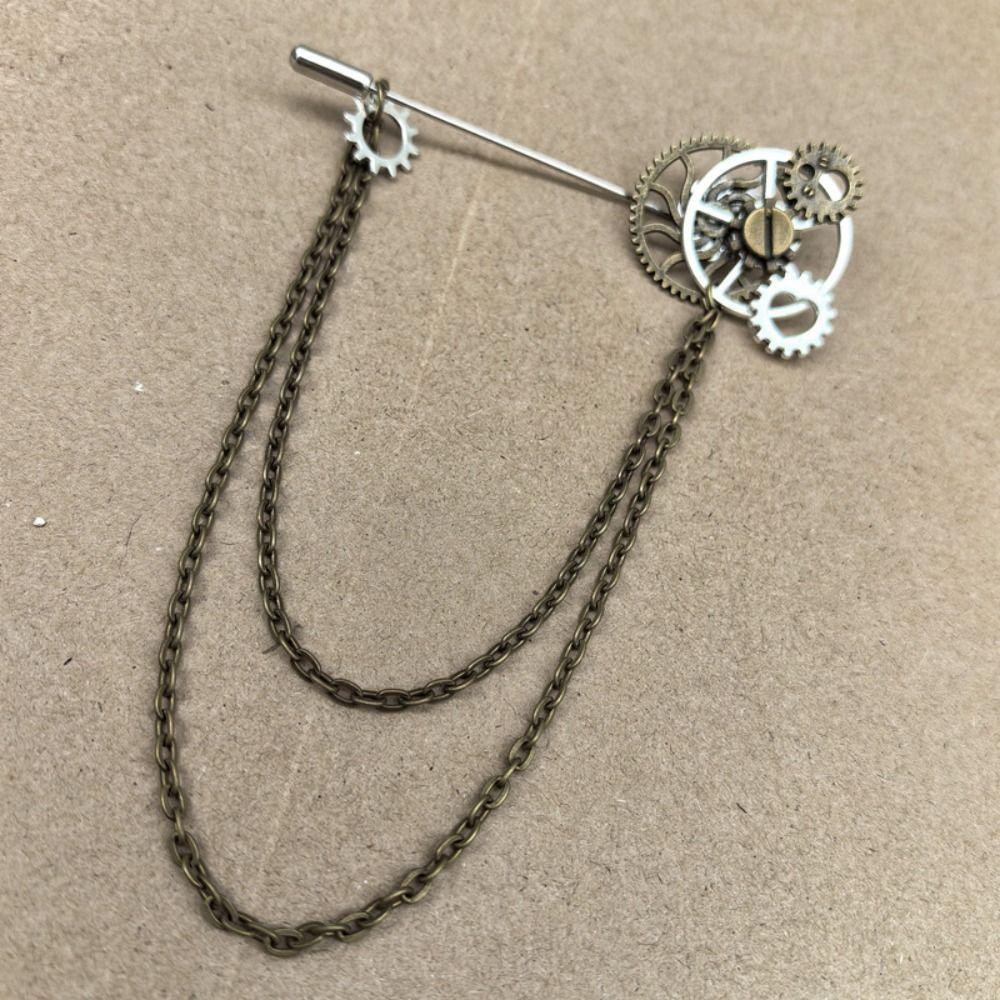 Metal Chain Steampunk Gear Lapel Pin Gothic Collar Pin Vintage Brooches  Shirt Decoration