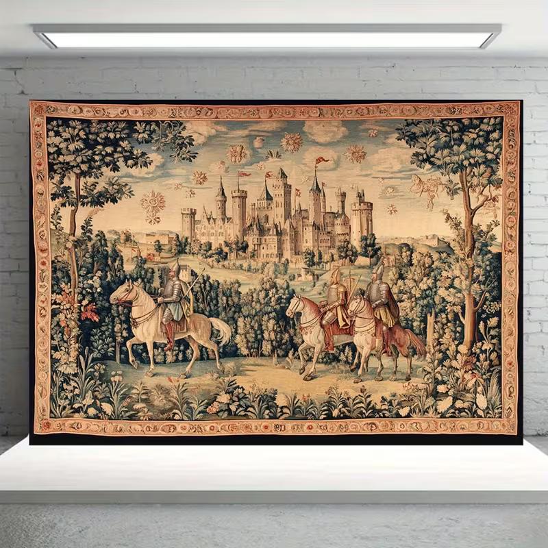 2D Medieval Castle Tapestry Wall Decor with Knights and Scenic Border