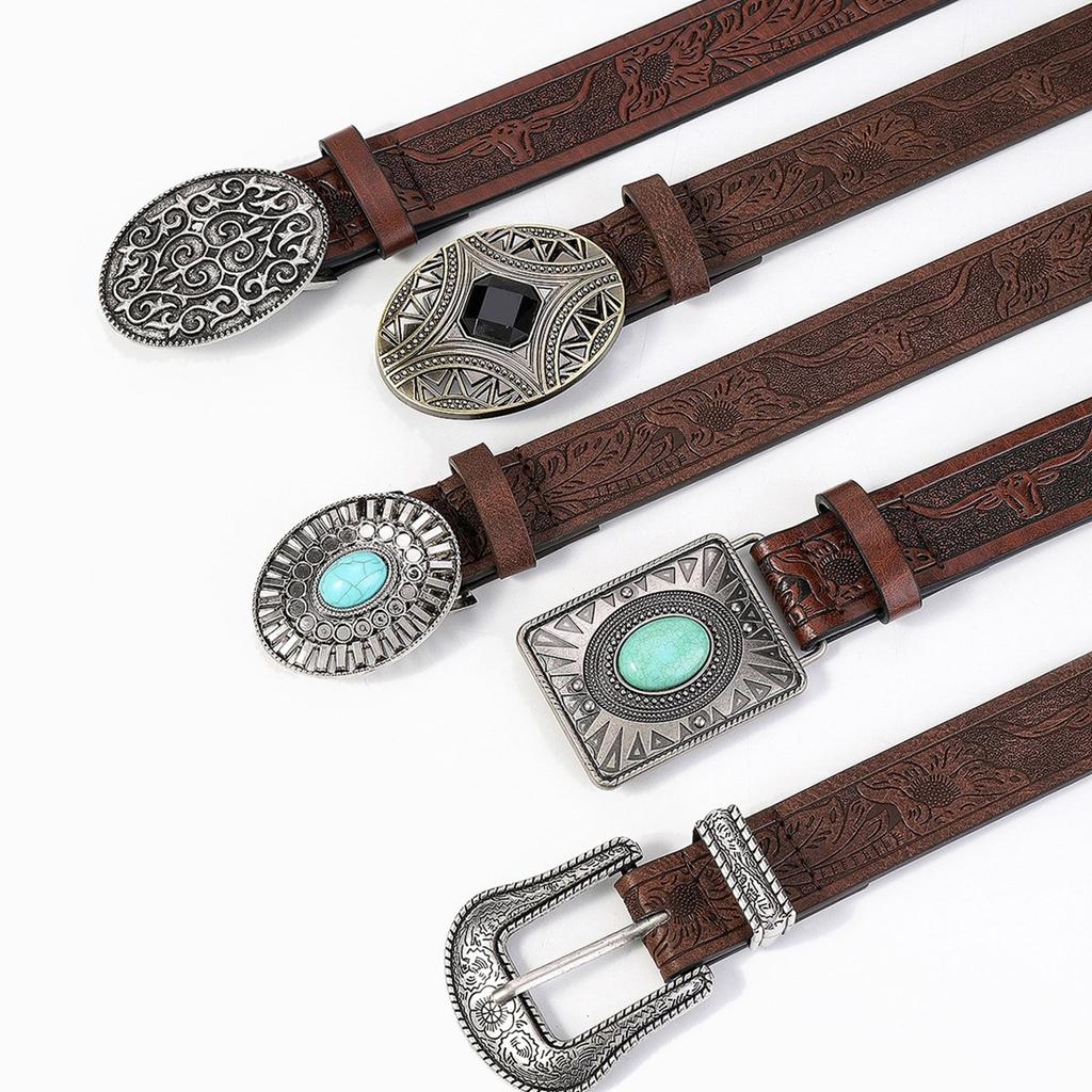 Western PU Leather Belt Embossed Pattern Waistband Jeans Waiststrap Waist Decors Women Turquoise Buckle Waist Belt