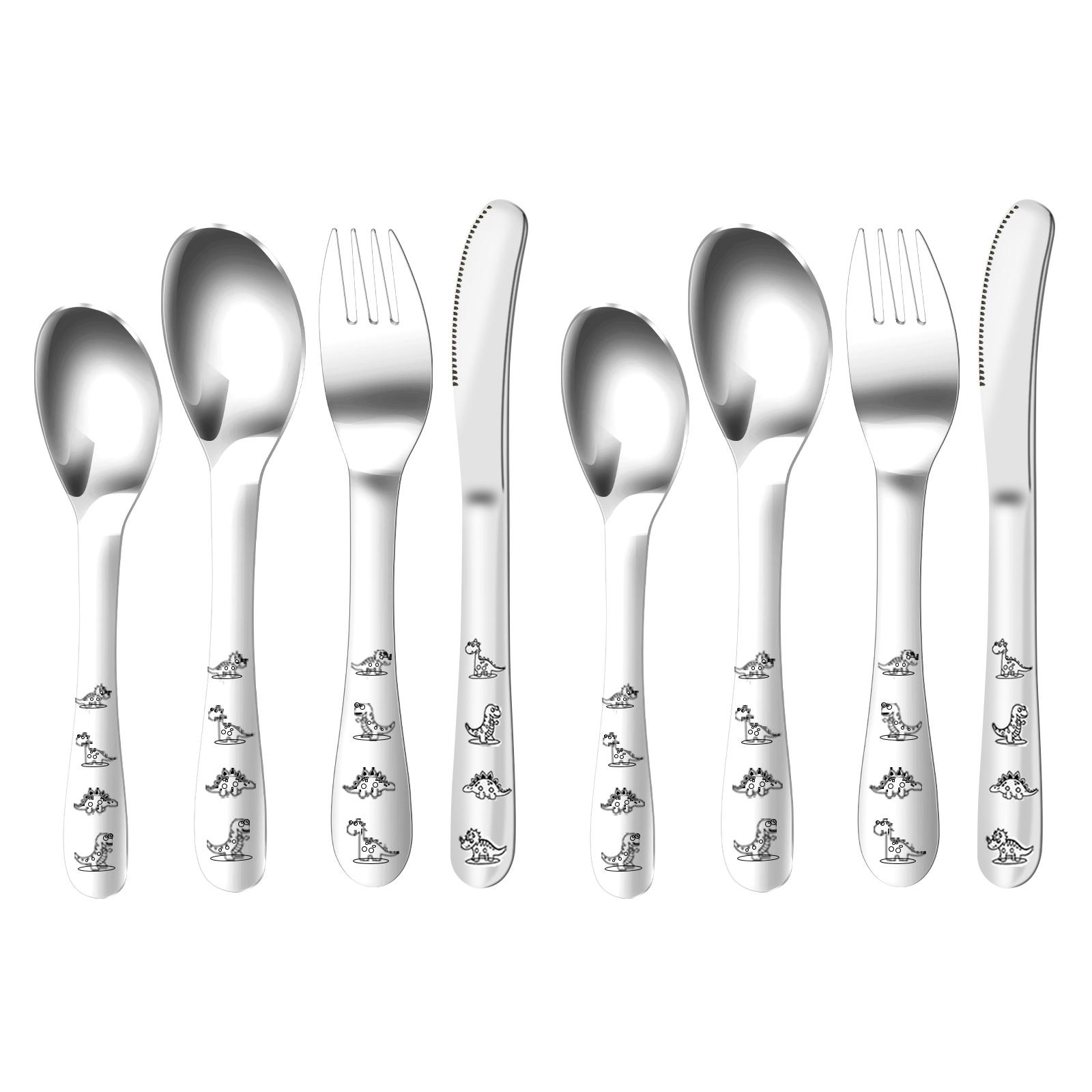 

Набор детских столовых приборов из 8 предметов, из нержавеющей стали, набор детских вилок, ложек и ножей, мультяшные столовые приборы с динозаврами, детская посуда для детей