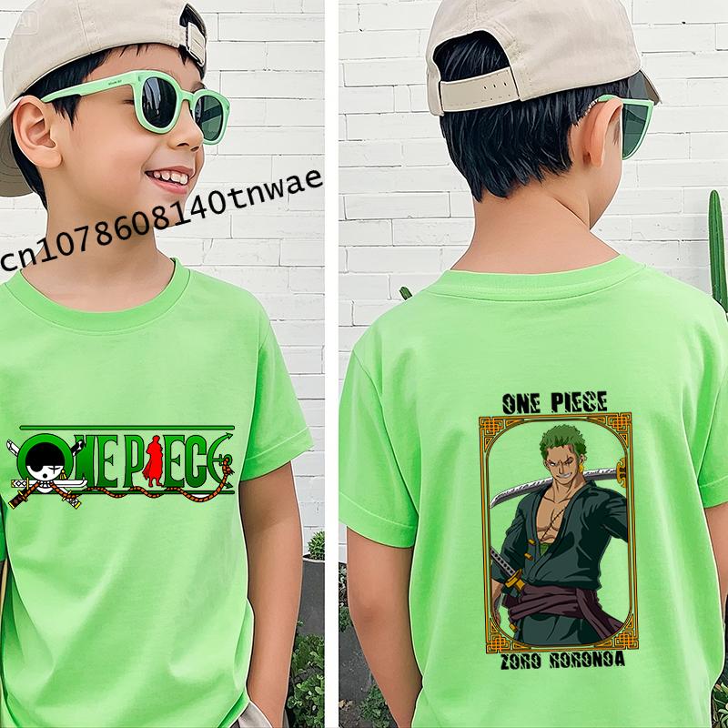 One Piece Roronoa Zoro Anime Kleidung Kinder T-Shirt Baumwolle Kurzarm Grün Cartoon Oberteil für Jungen