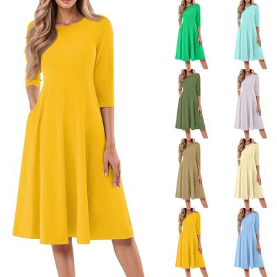 Women's Casual Fashion Round Neck Three Quarter Sleeve Solid Color Midi Dress