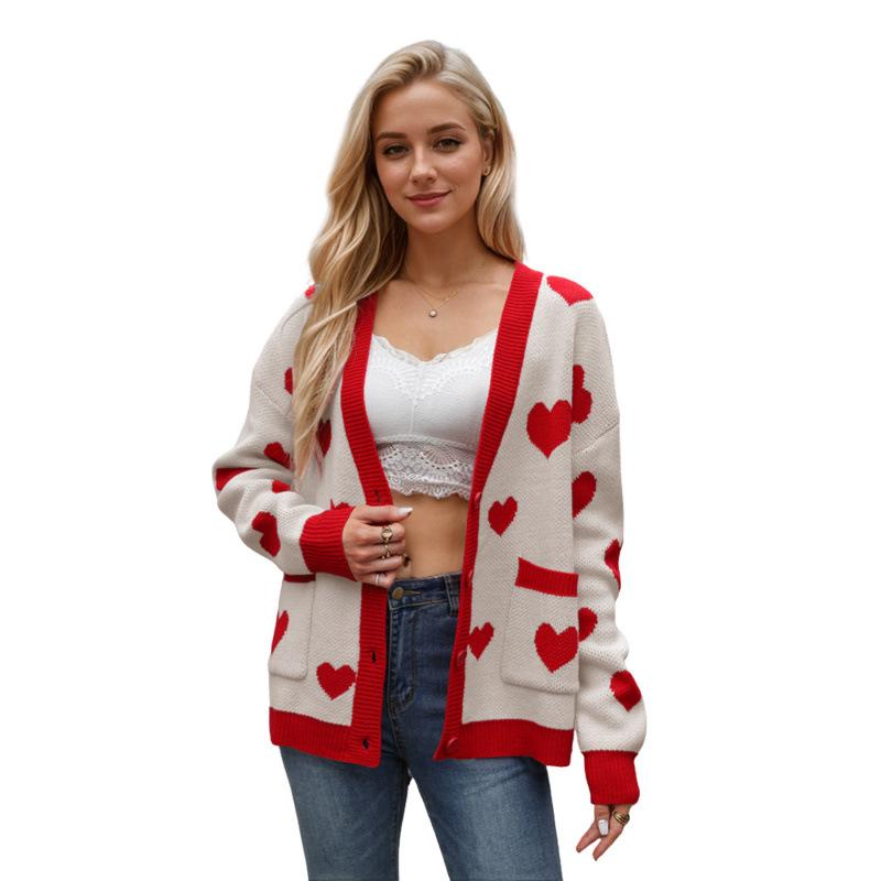Women Autumn Winter Long Sleeve V Neck Love Heart Two Pocket Soft Breathable Loose Cardigan Sweater Coat