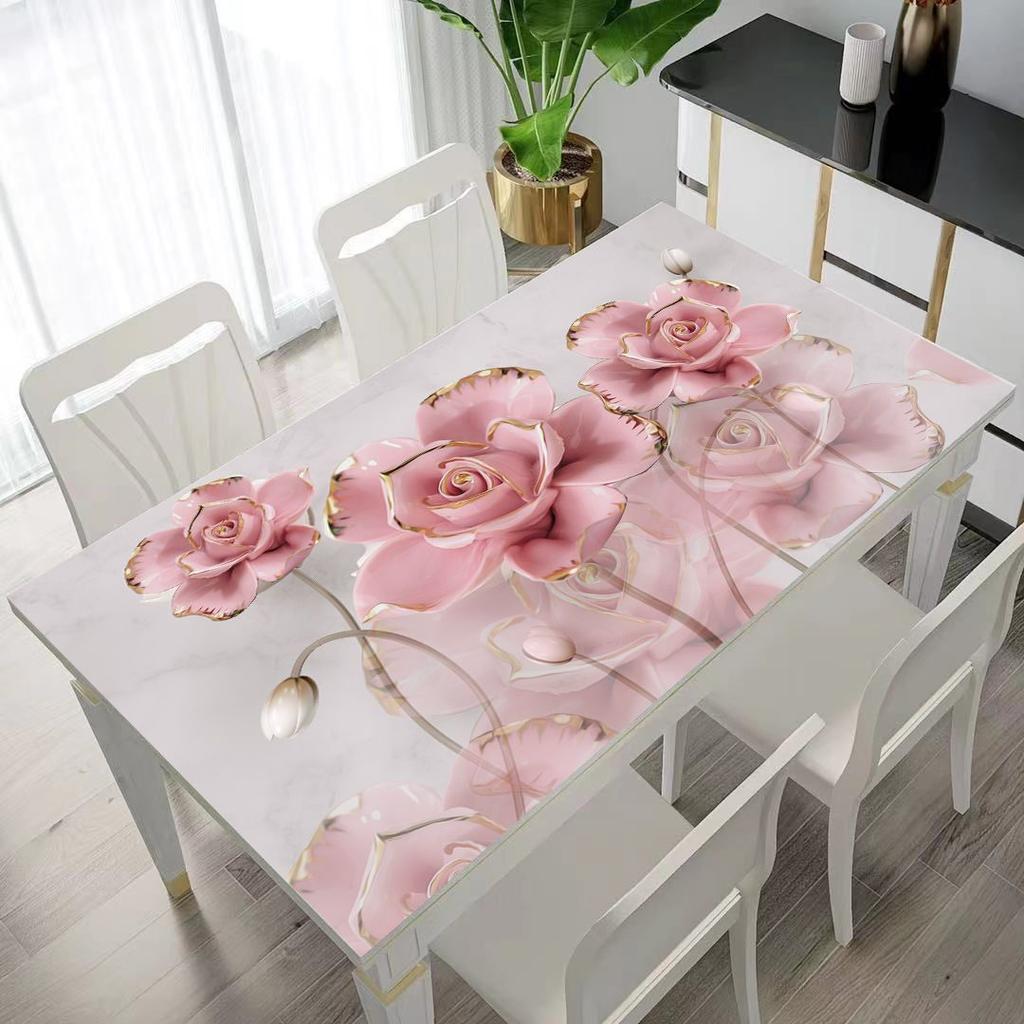 Floral Patterned Tablecloth, Placemat, Waterproof, Oil-proof, Heat-resistant, Washable, Rectangular PVC Coffee Table Protector
