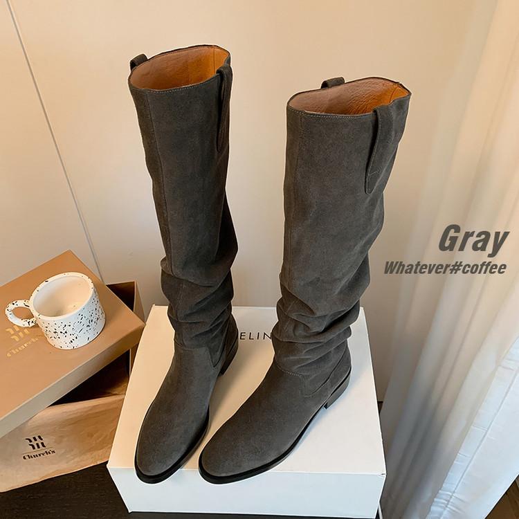 

Мягкий! Женские ботинки с круглым носком и толстым каблуком, женские ботфорты до колена, серые рыцарские ботинки, женские ботинки с подкладкой, коровья замша, универсальные, средний каблук, тренд 40 темно-серого