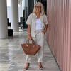 Summer Casual Set Cotton Linen - Stand Collar Blazer Loose Trousers Suit