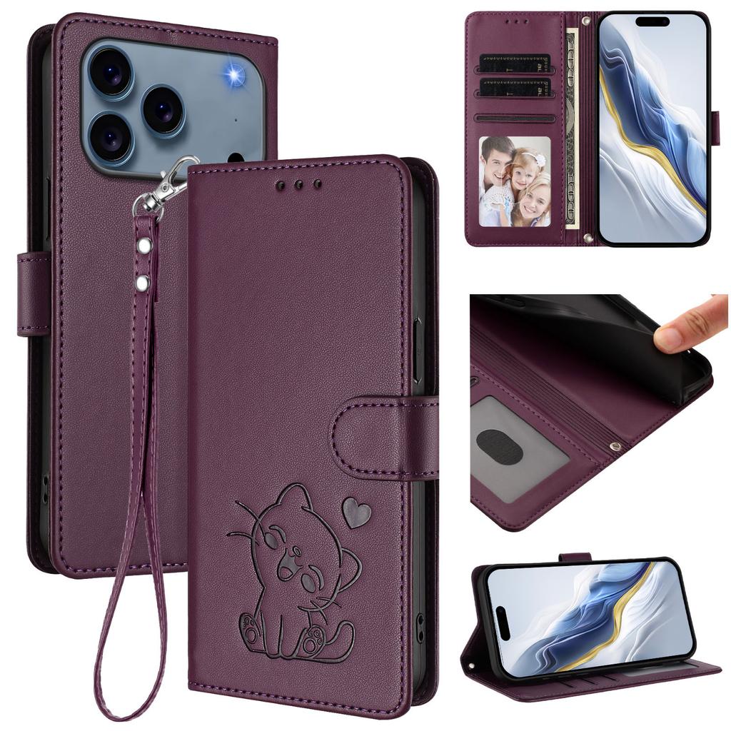Embossed Cute Cat Cards Solt Wallet Leather Case For iPhone 17 Pro Max 16 Plus 16E 15 14 13 12 11 Bag Stand Strap Book Cover