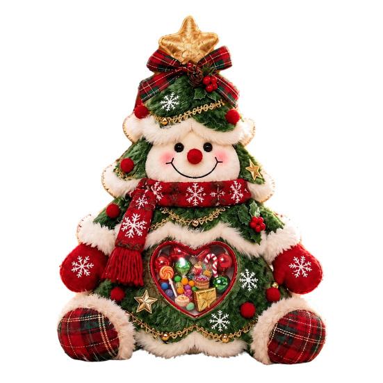 Cute Christmas Table Centerpiece Refillable Snowman Treat Holder, Plush Sitting Figure Candy Jar with Clear Heart Soft Decoration Window, 3D