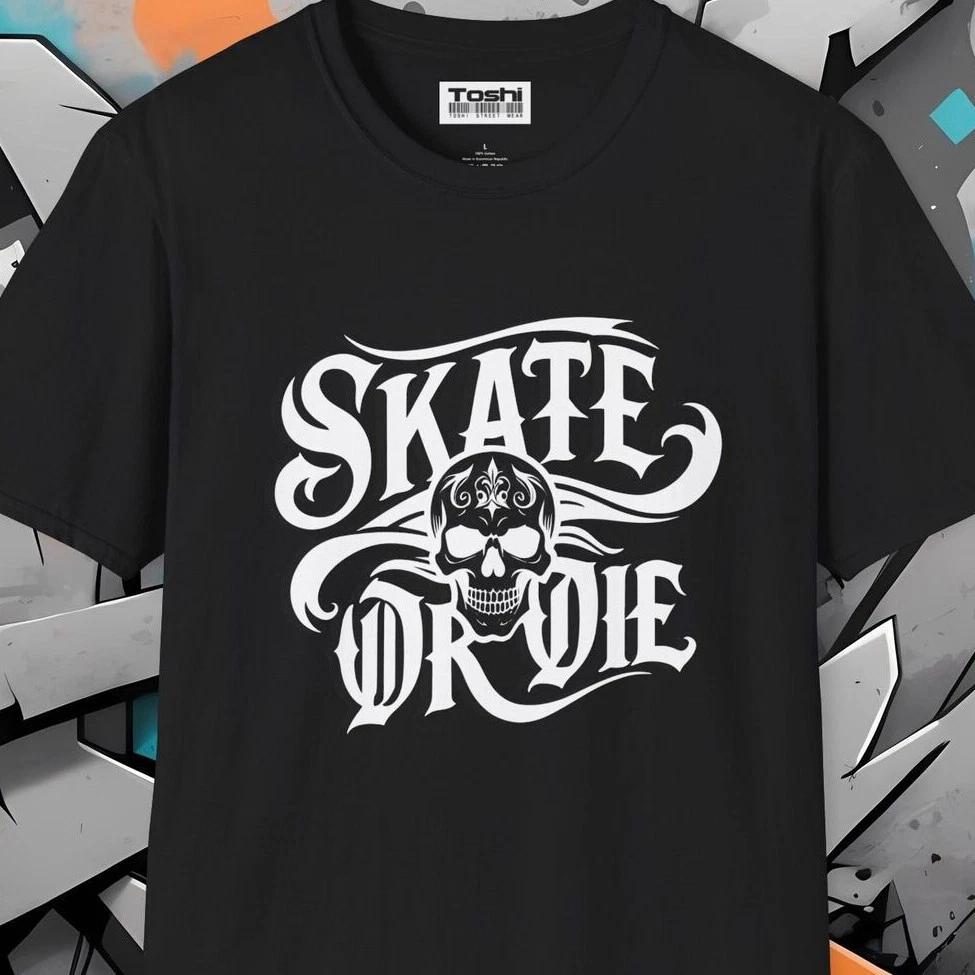 Skate or Die Skull Tee Unisex Adult T-Shirt Tattoo Design Skateboarding Graffiti M