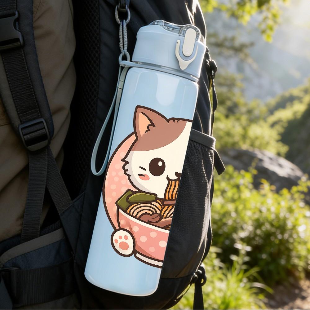 1PC Cat Eat Noodle Cute Cartoon Print 750ml Color Plastic Sports Water Bottle Leakproof Flip Straw Lid Suitable for Sports Office Home Use