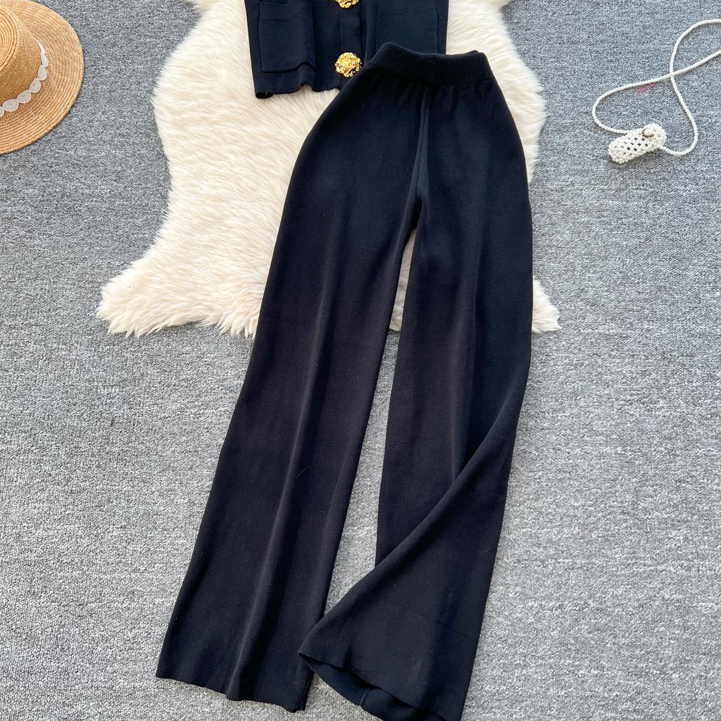 Summer Women Knitted Sweater Tracksuit Sleeveless Big Gold Button Tank Vest Tops and Wide Leg Pant Two Piece Set