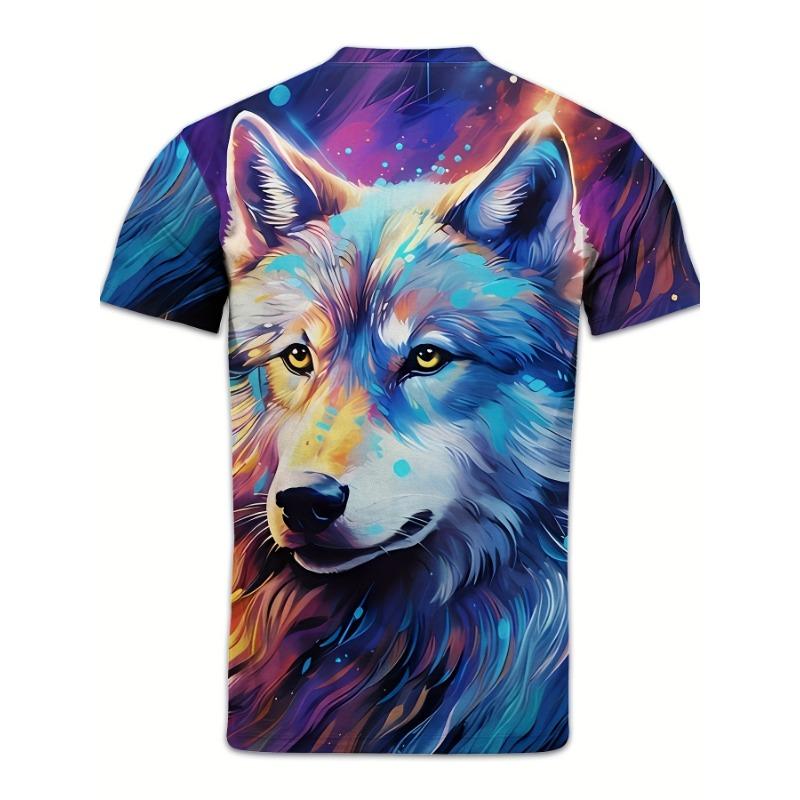 Men's Colorful Wolf 3D Printed T-Shirt Casual Short Sleeve Crewneck Top Cool Watercolor Wild Animal Graphic Tee Trendy Summer Streetwear Clothes