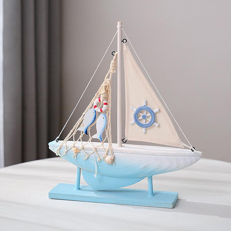 Mediterranean Style Small Boat Decoration Wooden Sailboat Model Small Ornaments Creative Handicraft Boat Model Room Decoration