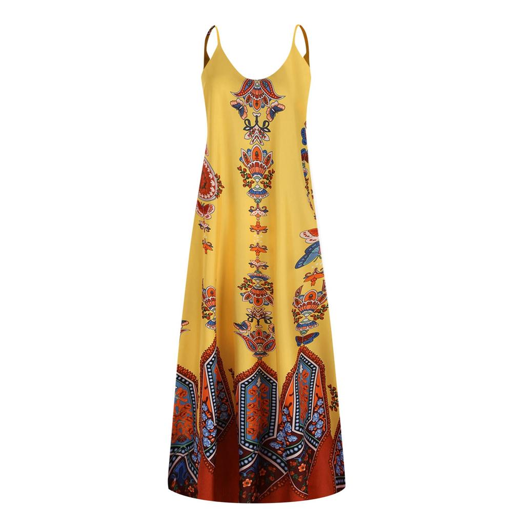 Módní ležérní šaty s potiskem v etnickém stylu bez rukávů, dámská dlouhá sukně