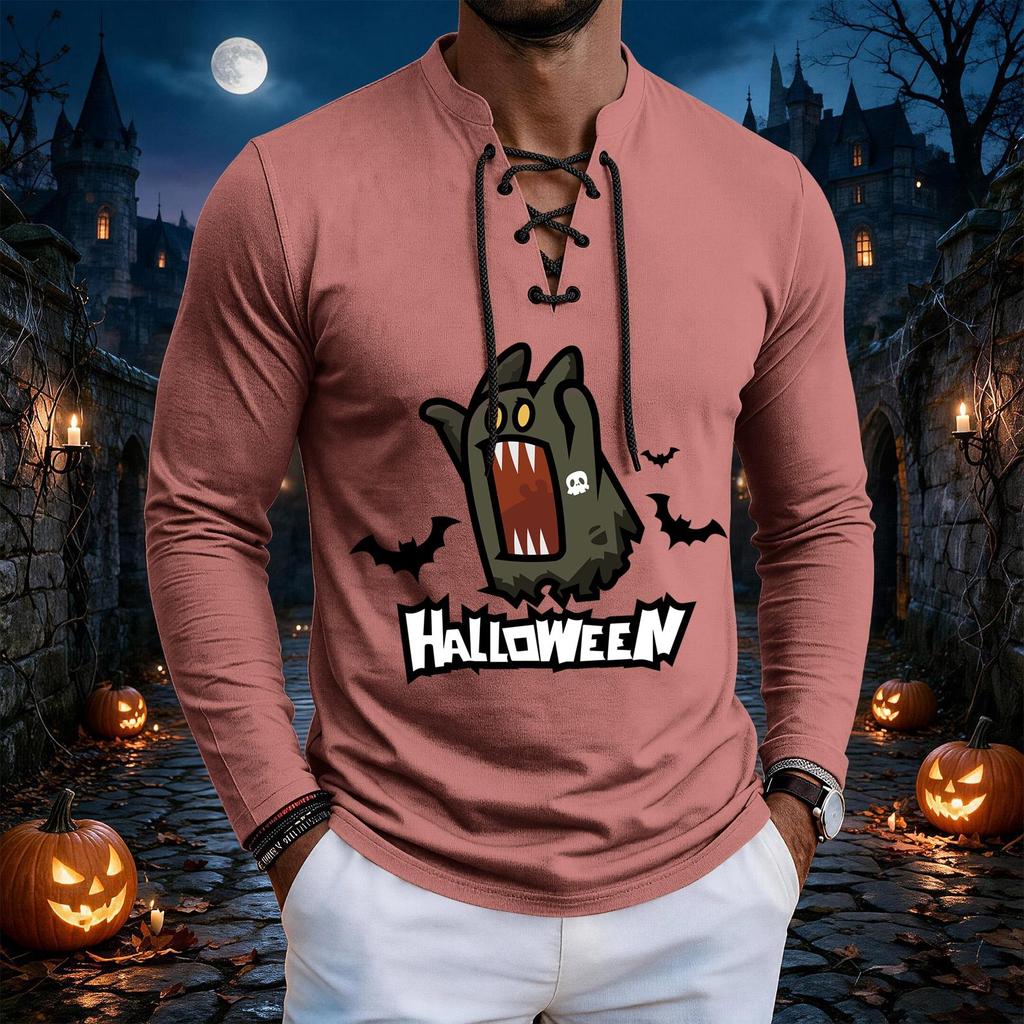 Men's Halloween print retro Henry collar lace-up long-sleeved T-shirt