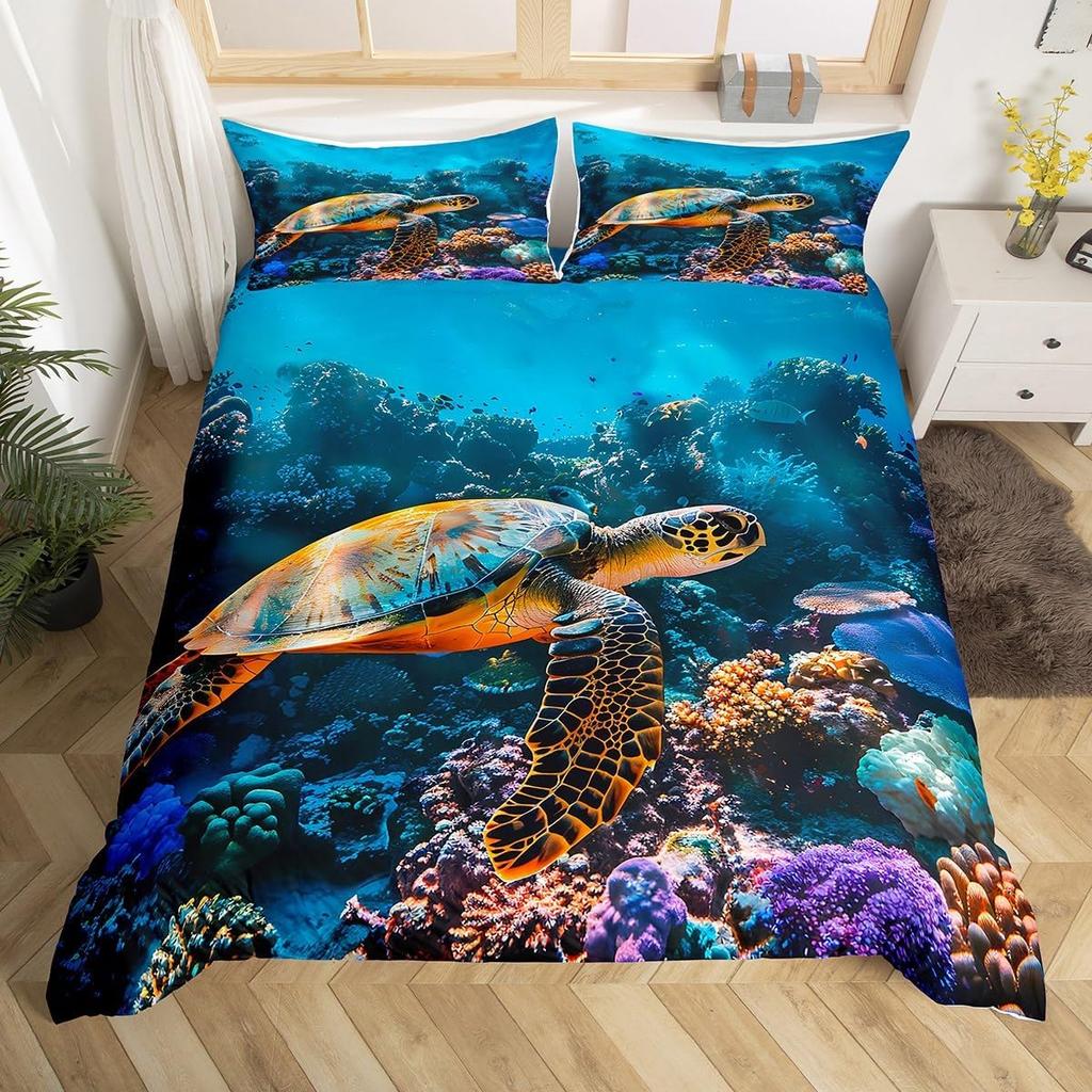 Sea Turtle Duvet Cover 3D Turtle Bedding Set Ocean Marine Theme Comforter Cover For Boys Girls Underwater Animal Pattern Bed Set