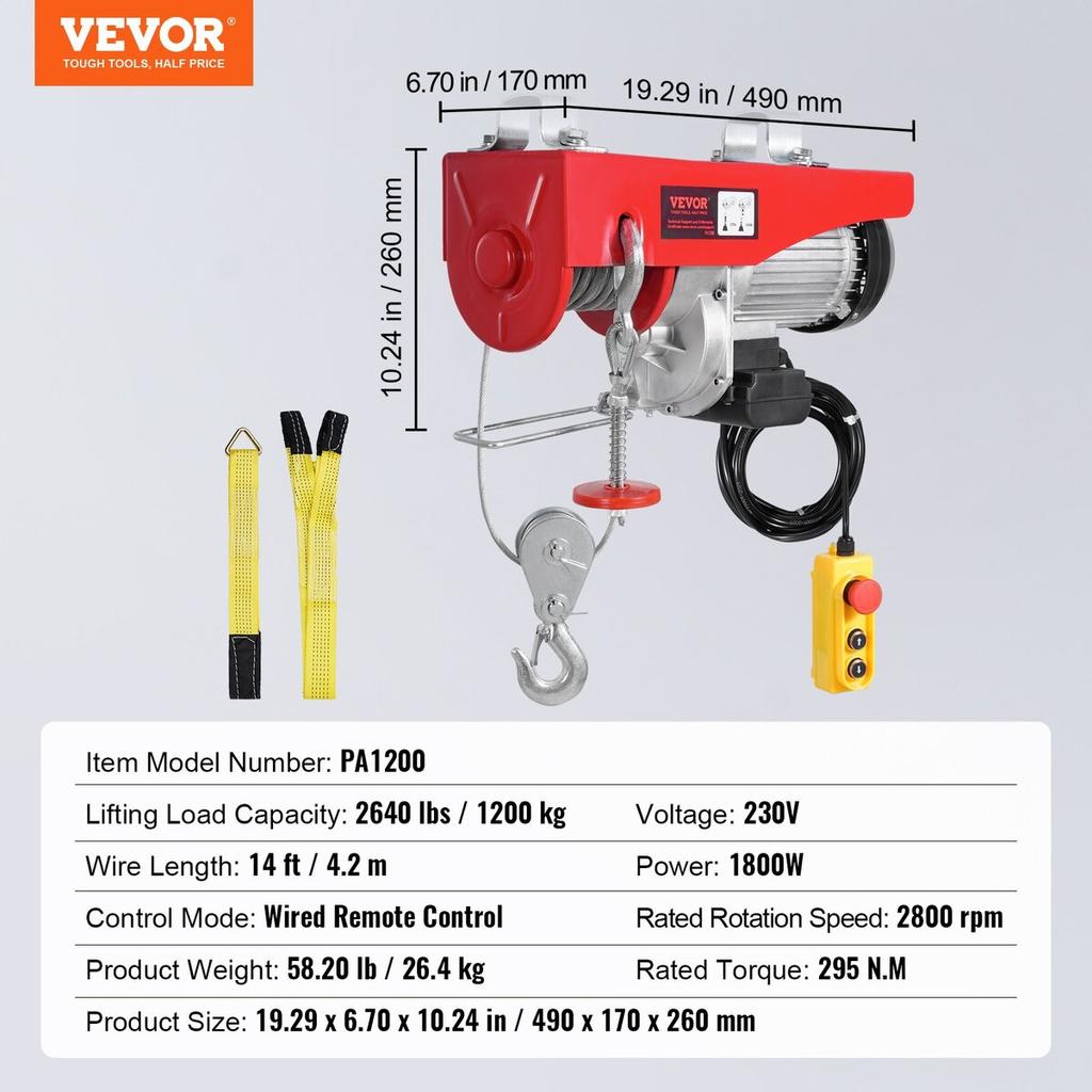 Electric Hoist Crane Winch 2640 lbs with 14 ft Wired Remote Control 230V