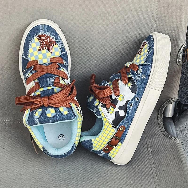 Fashion Couple Denim Skateboard Shoes for Men Women Brand Designer Thick Sole Sneakers Board Fashion Sport Platform Tennis Casual Shoes