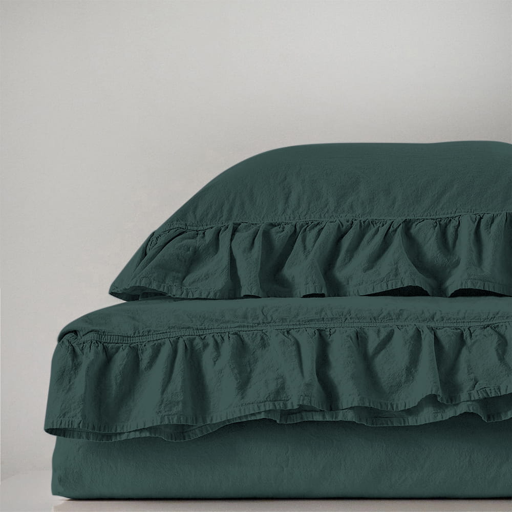 Bedding set 220x200 100% CREASTED COTTON with ruffles, dark green