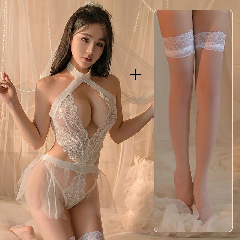 Women Sexy Lingerie Cute Bride Role Play Outfits Porn Cosplay Wedding Dress Crotchless Bodysuit Erotic Babydoll Costume Sets