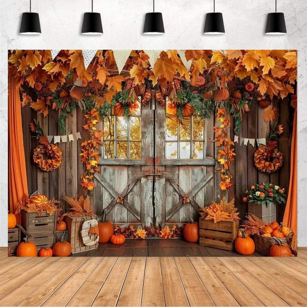 2D plane, 1 piece of autumn harvest background fabric - Maple leaves and pumpkin barn theme,Harvest Festival, polyester material