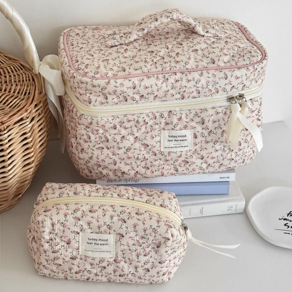 Fashion Corduroy Aesthetic Cosmetic Organizer Large Capacity Zipper Skincare Clutch Floral Makeup Pouch Cosmetics