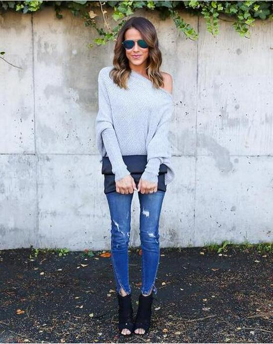 Europeisk og amerikansk høst/vinter off-shoulder flaggermusvingeermet strikkegenser for kvinner