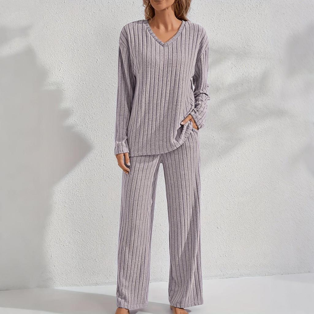 Cozy Striped Plush V-Neck Top & Casual Pants Pajama Set for Autumn/Winter