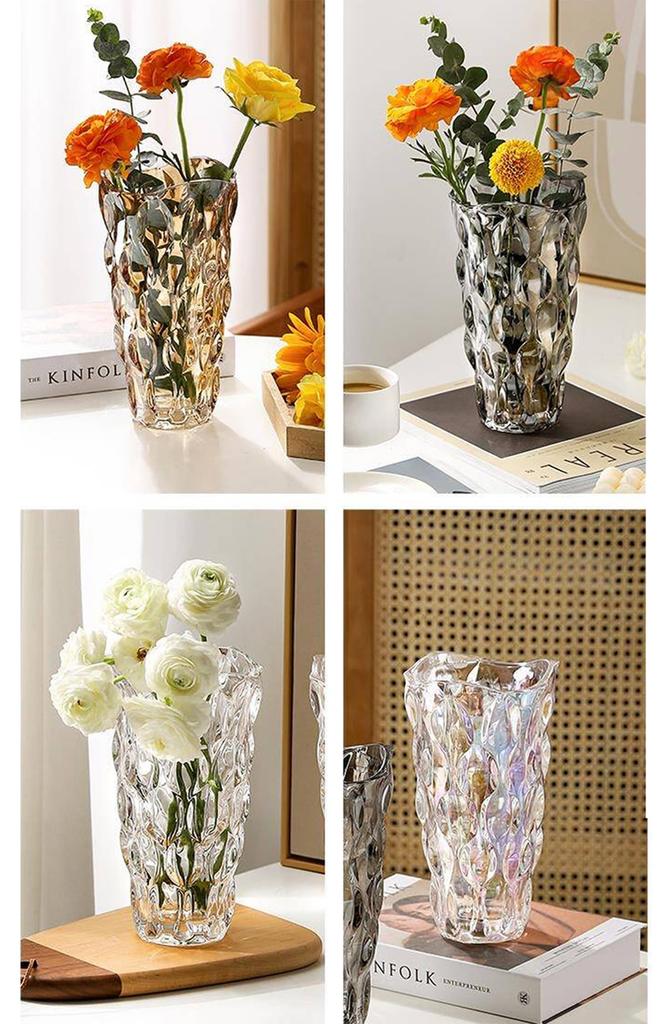 YHOMBES Large, Stylish, Wide-Mouthed Glass Flower Vase (Clear - 25cm)