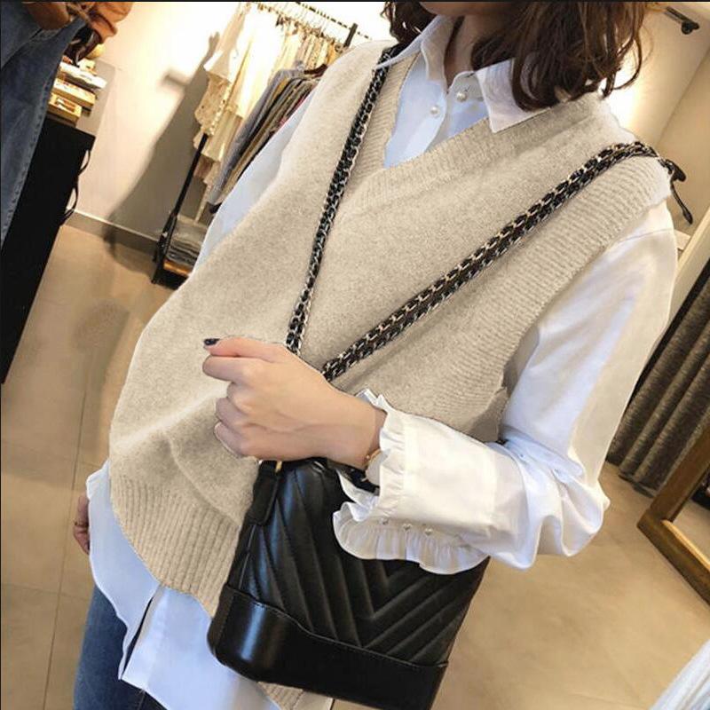 Loose Casual V Neck Sleeveless Pullover Vest Women Knit Waistcoat Sweater Spring Autumn Layering Top