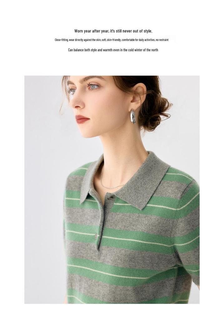Striped Cashmere Polo Collar Short-Sleeve Knit Top
