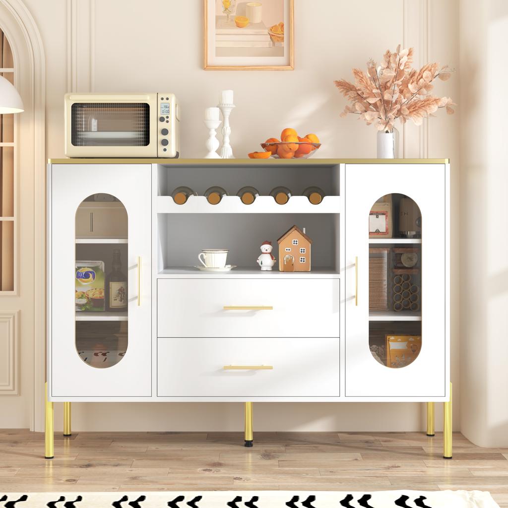White Sideboard, Glass Fronts & Wine Rack – Sideboard for Dining Room & Living Room – Adjustable Foot – Plenty of Storage & Modern Design
