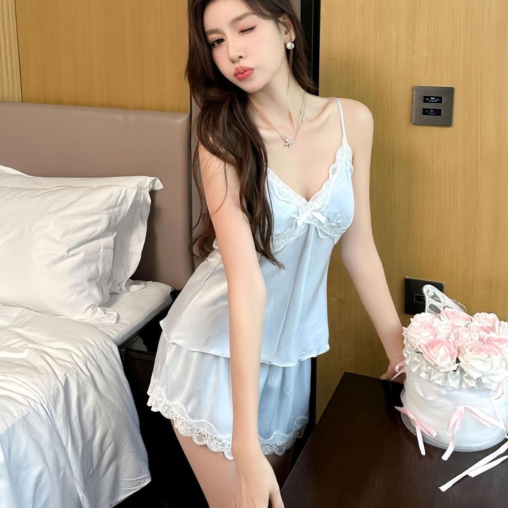 Popular Ice and Snow Silk Women's Sexy Lace Embossed Suspenders Shorts Summer Pajamas Set Spring and Autumn Ice Silk Loungewear