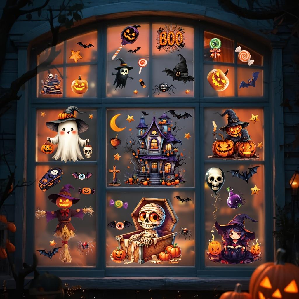 3D Halloween Window Sticker Set- Pvc Static Cling Halloween Decals With Castle,Bats,Witch,Pumpkins - Reusable Double-Sided Glass