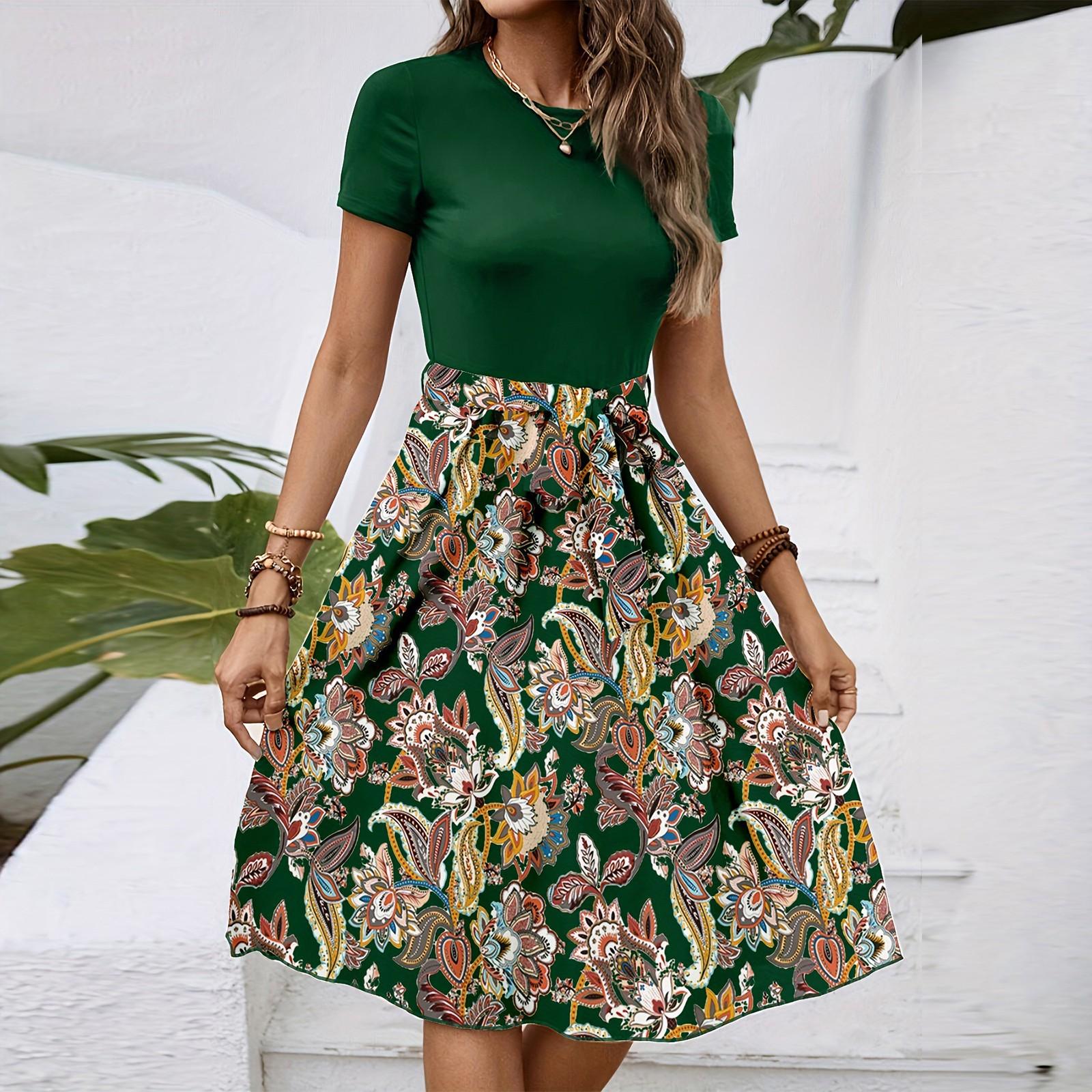 

Женское модное ретро-платье с принтом и цветным поясом XL зелёный